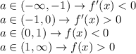 a\in(-\infty, -1) \rightarrow f'(x) < 0\\a\in(-1, 0) \rightarrow f'(x) 0\\a\in(0, 1) \rightarrow f(x) < 0\\a\in(1, \infty) \rightarrow f(x) 0