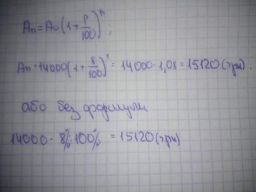 Банк нараховує на строковий вклад 8% річних.вкоадник поклав на рахунок 14000 грн.скільки гривень буд
