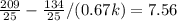 \frac{209}{25}-\frac{134}{25} / (0.67k)=7.56