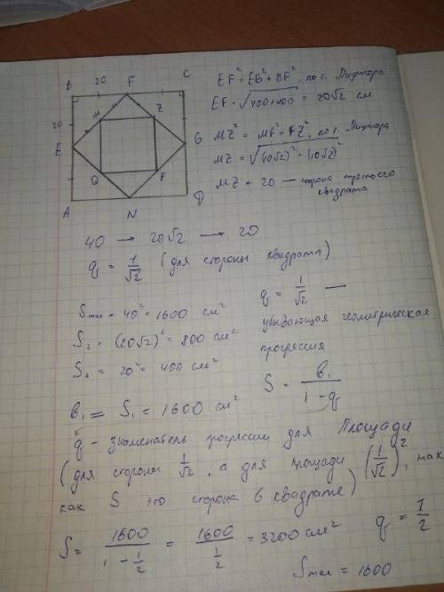 В квадрат, сторона которого равна 40 см, вписан другой квадрат, вершины которого серединами сторон п