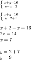 \left \{ {{x+y=16} \atop {y-x=2}} \right. \\\\\left \{ {{x+y=16} \atop {y=2+x}} \right. \\\\x+2+x=16\\2x=14\\x=7\\\\y=2+7\\y=9