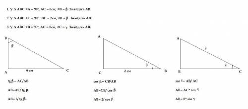 1. У Δ АВС ∠А = 90°, АС = 6см, ∠В = β. Знайдіть АВ. 2. У Δ АВС ∠С = 90° , ВС = 2см, ∠В = β. Знайдіть