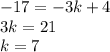 -17=-3k+4\\3k=21\\k=7