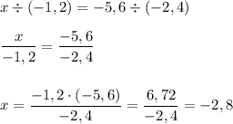 x\div (-1,2) = -5,6\div (-2,4) \\\\ \dfrac{x}{-1,2} = \dfrac{-5,6}{-2,4} \\\\\\ x = \dfrac{-1,2\cdot (-5,6)}{-2,4} = \dfrac{6,72}{-2,4} = -2,8