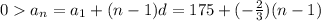 0a_{n}=a_{1}+(n-1)d=175+(-\frac{2}{3} )(n-1)