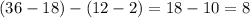 (36 - 18) - (12 - 2) = 18-10=8