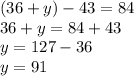 (36+y)-43=84\\36+y=84+43\\y=127-36\\y=91