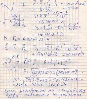 В вершинах квадрата со стороной 1,15 м помещены два заряда по +5 мКл и два заряда по -5 мКл, причем