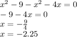 {x}^{2} - 9 - {x}^{2} - 4x = 0 \\ - 9 - 4 x = 0 \\ x = - \frac{9}{4} \\ x = - 2.25