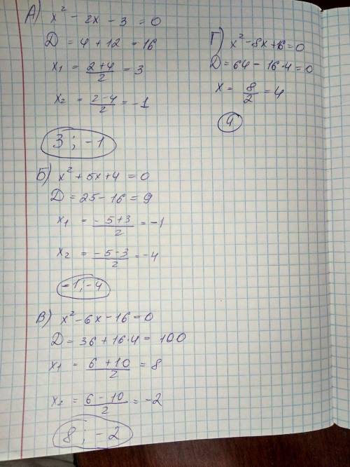 решить уравнения дою a) x² -2x -3 = 0 b) x² + 5x + 4 = 0 c) x² - 6x - 16 = 0 d) x² - 8x + 16 = 0