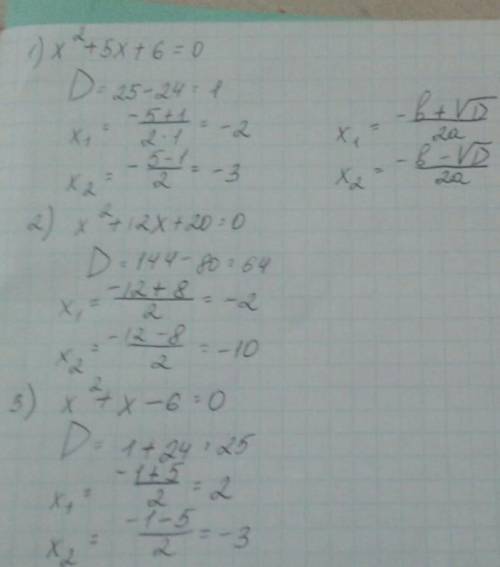 Решите с теоремма виеты x^2+5x+6=0 x^2+12x+20=0 x^2+x-6=0