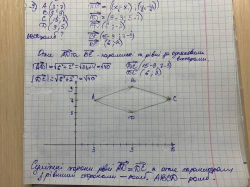 Доведіть за до векторів ,що чотирикутник з вершинами в точках А(3;7),В(9;9)С(15;7)і D(9;5)-ромб​