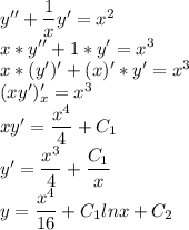 y''+\dfrac{1}{x}y'=x^2\\ x*y''+1*y'=x^3\\ x*(y')'+(x)'*y'=x^3\\ (xy')'_x=x^3\\ xy'=\dfrac{x^4}{4}+C_1\\y'=\dfrac{x^3}{4}+\dfrac{C_1}{x} \\y=\dfrac{x^4}{16}+C_1lnx+C_2