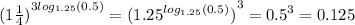 {(1 \frac{1}{4}) }^{3 log_{1.25}(0.5) } = {( {1.25}^{ log_{1.25}(0.5) } )}^{ 3} = {0.5}^{3} = 0.125