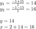 y_1 = \frac{-1+15}{1} = 14\\y_2 = \frac{-1-15}{1} = 16\\\\y = 14\\x = 2 + 14 = 16