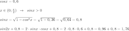 cosx=0,6\\\\x\in (0;\frac{\pi}{2})\; \; \to \; \; sinx0\\\\sinx=\sqrt{1-cos^2x}=\sqrt{1-0,36}=\sqrt{0,64}=0,8\\\\sin2x+0,8=2\cdot sinx\cdot cosx+0,8=2\cdot 0,8\cdot 0,6+0,8=0,96+0,8=1,76