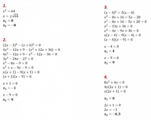 Напишите подробно как решать.30б. 1. х² = 64 2. (2х - 3 )² - (х + 6 )² = 0 3. (х - 4 )² = 5 (х - 4