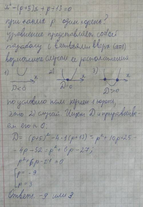 решить. При каких значениях p уравнение x²-(p+5)x+p+13=0 имеет один корень?