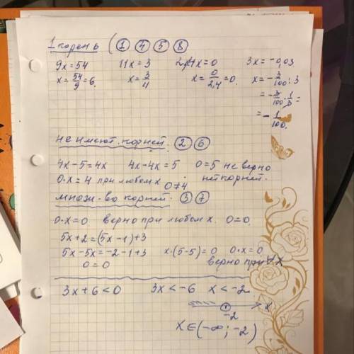 4. Даны уравнения 1) 9х = 54 2) 4х – 5= 4х 3) 0x = 0 4) 11x = 3 5) – 2,4x = 0 6) 0х = 4 7) 5х + 2 =