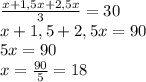 \frac{x+1,5x+2,5x}{3}=30\\x+1,5+2,5x=90\\5x=90\\x=\frac{90}{5}=18\\