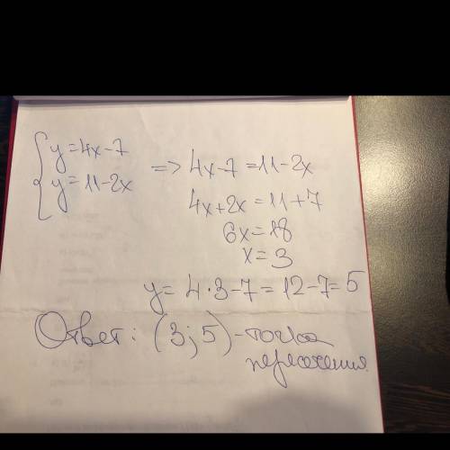 Визначте координати точки перетину двох прямих y=4x-7 і y=11-2x​