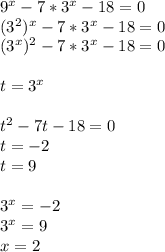 9^{x} - 7 * 3^{x} - 18 = 0\\(3^{2} )^{x} - 7 * 3^{x} - 18 = 0\\ (3^{x} )^{2} - 7 * 3^{x} - 18 = 0\\\\t = 3^{x} \\\\t^{2} - 7t - 18 = 0\\t = - 2\\t = 9\\\\3^{x} = -2 \\3^{x} = 9 \\x = 2