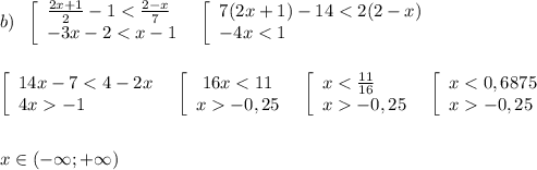 b)\; \; \left[\begin{array}{l}\frac{2x+1}{2}-1