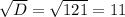 \sqrt{D} = \sqrt{121} = 11