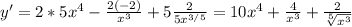 y' = 2*5x^4 -\frac{2(-2)}{x^3} + 5\frac{2}{5x^{3/5}} = 10x^4 + \frac{4}{x^3} + \frac{2}{\sqrt[5]{x^3}}