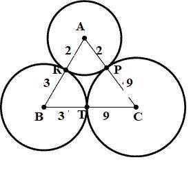 Три окружности с радиусами 2,3,9 касаются попарно внешним образом. Определить периметр треугольника