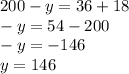 200 - y = 36 + 18 \\ - y = 54 - 200 \\ - y = - 146 \\ y = 146