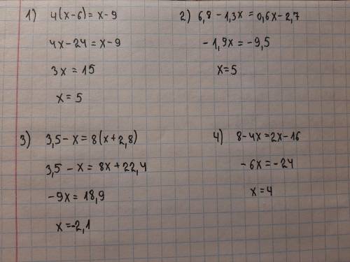 4(х-6)=х-96,8-1,3х=0,6х-2,73,5-х=8(х+2,8)8-4х=2х-16​