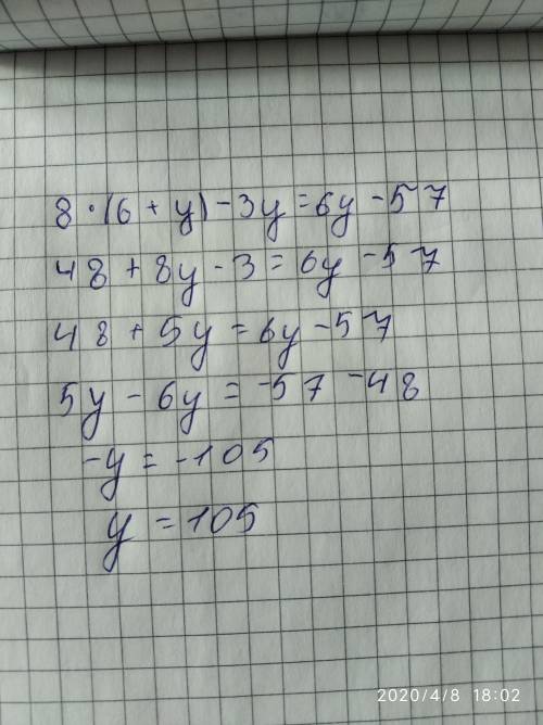 Реши уравнение: 8⋅(6+y)−3y=6y−57.