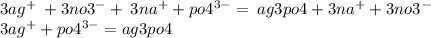 3ag^{ + } \: + 3no3^{ - } + \: 3na^{ + } + po4^{3 - } = \: ag3po4 + 3na^{ + } + 3no3^{ - } \\ 3ag^{ + } + po4^{3 - } = ag3po4