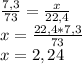 \frac{7,3}{73} =\frac{x}{22,4} \\x=\frac{22,4*7,3}{73} \\x=2,24