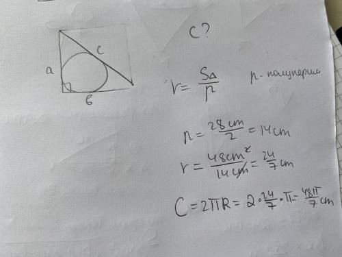 Найдите длину круга, вписанного в прямоугольный треугольник с периметром 28 см и площадью 48 см2.​