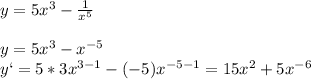 y=5x^{3}-\frac{1}{x^{5}}\\ \\y=5x^{3}- x^{-5}\\y` =5*3x^{3-1} - (-5)x^{-5 -1}=15x^{2}+5x^{-6}\\