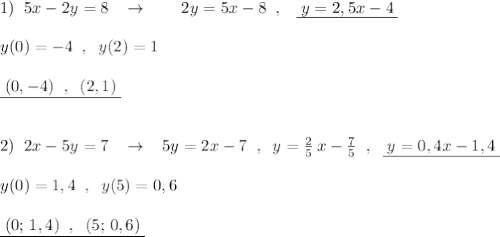 1)\; \; 5x-2y=8\; \; \; \to \qquad 2y=5x-8\; \; ,\; \; \; \underline {\; y=2,5x-4\; }\\\\y(0)=-4\; \; ,\; \; y(2)=1\\\\\underline {\; (0,-4)\; \; ,\; \; (2,1)\; }\\\\\\2)\; \; 2x-5y=7\; \; \; \to \; \; \; 5y=2x-7\; \; ,\; \; y=\frac{2}{5}\, x-\frac{7}{5}\; \; ,\; \; \underline {\; y=0,4x-1,4\; }\\\\y(0)=1,4\; \; ,\; \; y(5)=0,6\\\\\underline {\; (0;\, 1,4)\; \; ,\; \; (5;\, 0,6)\; }