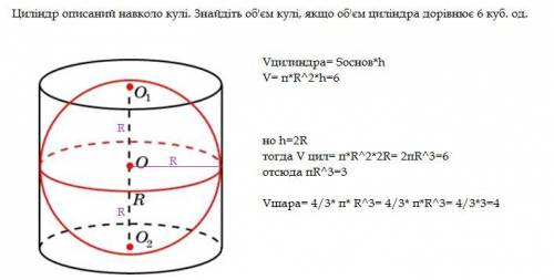 Циліндр описаний навколо кулі. Знайдіть об'єм кулі, якщо об'ємциліндра дорівнює 6 куб. од.Буду вдячн