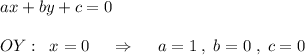 ax+by+c=0\\\\OY:\; \; x=0\; \quad \Rightarrow \quad \; a=1\; ,\; b=0\; ,\; c=0