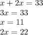 x+2x=33\\3x=33\\x=11\\2x=22