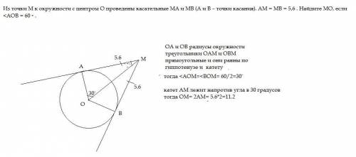 Из точки М к окружности с центром О проведены касательные МА и МВ (А и В – точки касания). АМ = МВ =