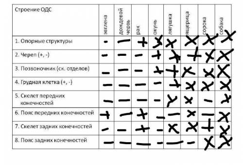 Решите таблицу по биологии, Нужно поставить + или - в зависимости от того что есть у данных созданий