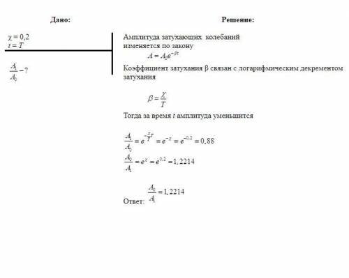 Логарифмический декремент затухающих колебаний равен 0.2. Во сколько раз уменьшится амплитуда колеба