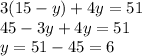 3(15-y) + 4y = 51\\45 - 3y + 4y = 51\\y = 51 - 45 = 6