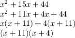 x ^{2} + 15x + 44 \\ x ^{2} + 11x + 4x + 44 \\ x(x + 11) + 4(x + 11) \\ (x + 11)(x + 4)