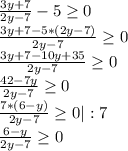 \frac{3y+7}{2y-7} -5\geq 0\\\frac{3y+7-5*(2y-7)}{2y-7} \geq 0\\\frac{3y+7-10y+35}{2y-7} \geq 0\\\frac{42-7y}{2y-7} \geq 0\\\frac{7*(6-y)}{2y-7} \geq 0|:7\\\frac{6-y}{2y-7} \geq 0