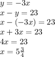 y = - 3x \\ x - y = 23 \\ x - ( - 3x) = 23 \\ x + 3x = 23 \\ 4x = 23 \\ x = 5 \frac{3}{4}