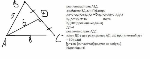 З точки до прямої проведено дві похилі завдовжки 5 см і 8 см. Який кут утворює друга похила з прямою