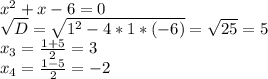 x^{2} +x-6=0\\\sqrt{D}=\sqrt{1^{2}-4*1*(-6) } = \sqrt{25} =5\\x_{3} =\frac{1+5}{2}=3\\x_{4} =\frac{1-5}{2} =-2\\